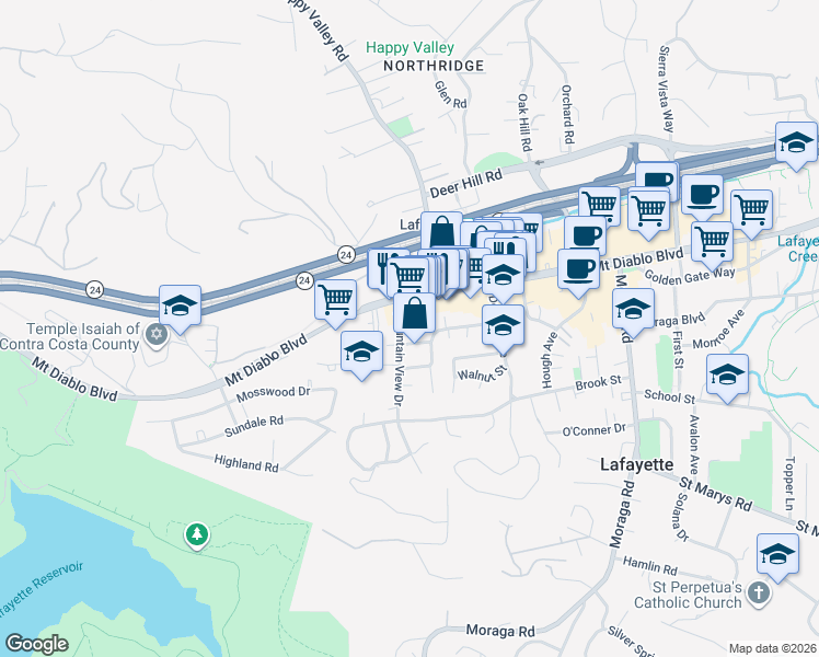 map of restaurants, bars, coffee shops, grocery stores, and more near 954 Mountain View Drive in Lafayette