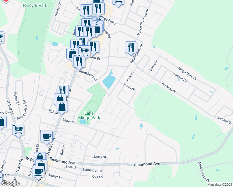 map of restaurants, bars, coffee shops, grocery stores, and more near 213 Anthony Drive in Nicholasville