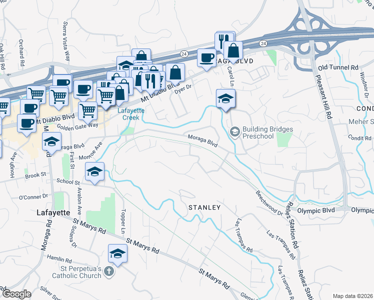 map of restaurants, bars, coffee shops, grocery stores, and more near 951 Yorkshire Court in Lafayette