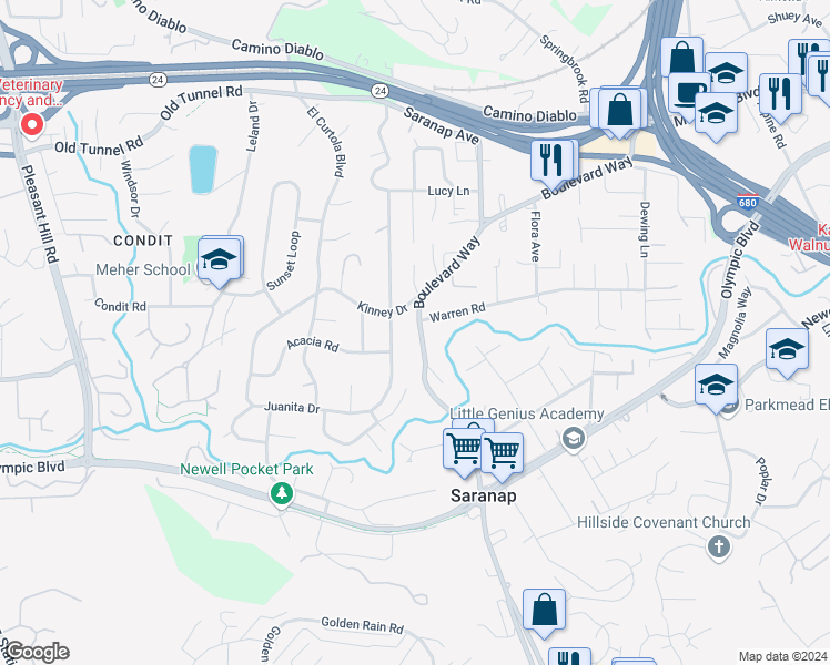 map of restaurants, bars, coffee shops, grocery stores, and more near 1407 Boulevard Way in Walnut Creek