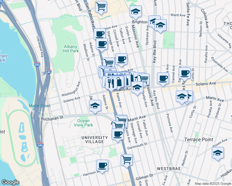 map of restaurants, bars, coffee shops, grocery stores, and more near 914 Kains Avenue in Albany