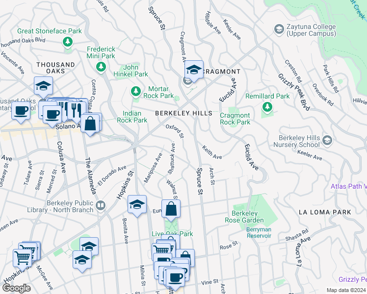 map of restaurants, bars, coffee shops, grocery stores, and more near 1018 Oxford Street in Berkeley