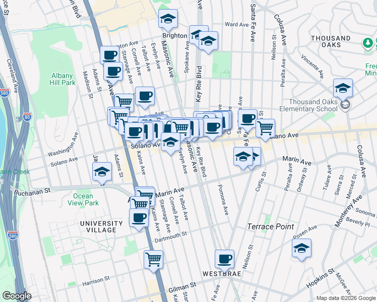 map of restaurants, bars, coffee shops, grocery stores, and more near 910 Masonic Avenue in Albany
