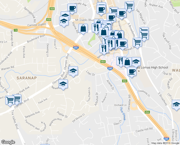 map of restaurants, bars, coffee shops, grocery stores, and more near 1750 Lilac Dr in Walnut Creek