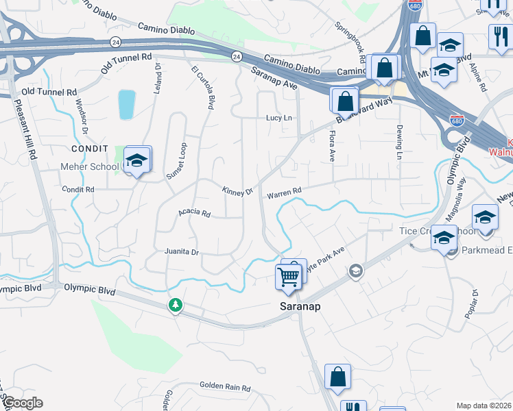 map of restaurants, bars, coffee shops, grocery stores, and more near 1407 Boulevard Way in Walnut Creek