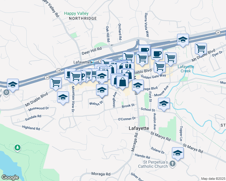 map of restaurants, bars, coffee shops, grocery stores, and more near in Lafayette