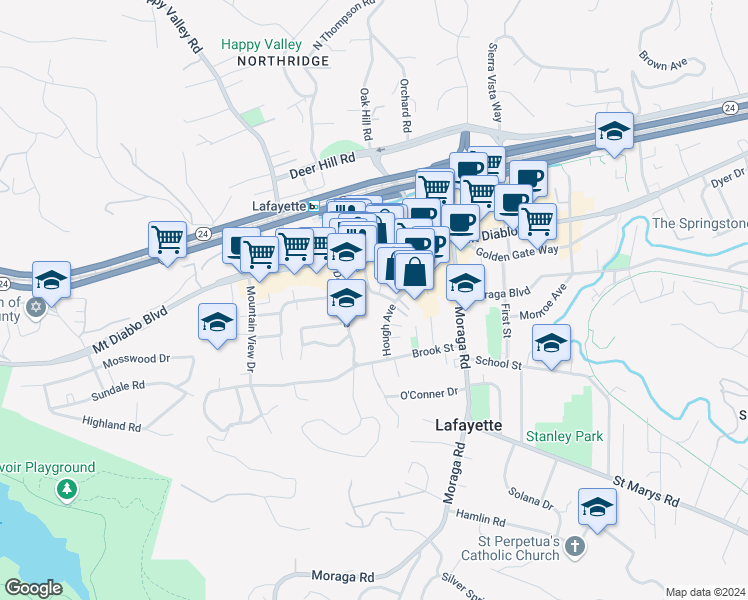 map of restaurants, bars, coffee shops, grocery stores, and more near 241 Lafayette Circle in Lafayette