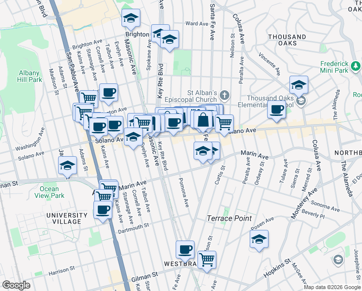 map of restaurants, bars, coffee shops, grocery stores, and more near 907 Ramona Avenue in Albany