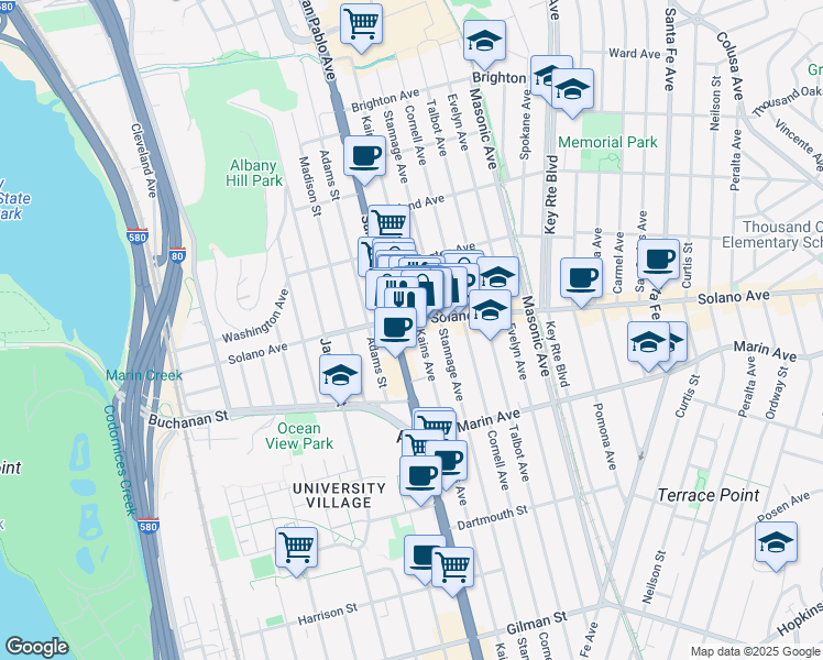 map of restaurants, bars, coffee shops, grocery stores, and more near 914 Kains Avenue in Albany
