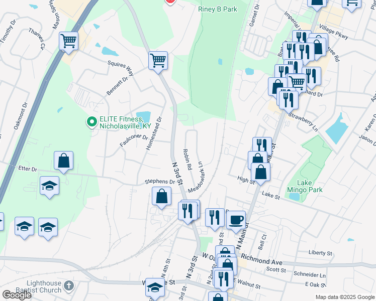 map of restaurants, bars, coffee shops, grocery stores, and more near 116 Robin Road in Nicholasville