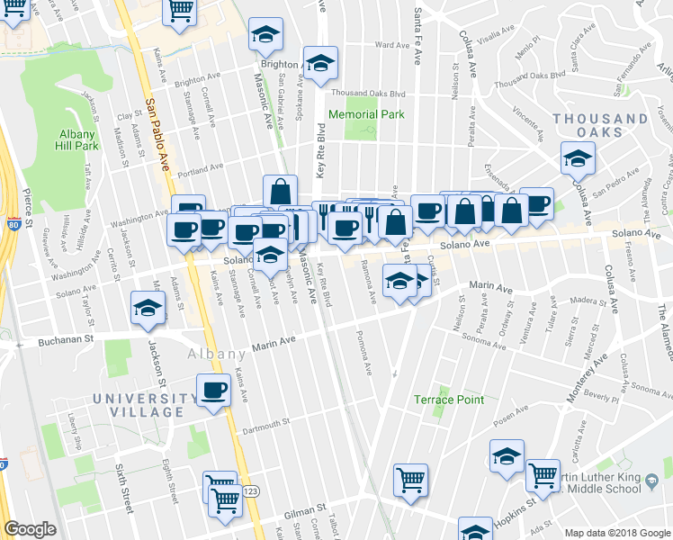 map of restaurants, bars, coffee shops, grocery stores, and more near 910 Pomona Avenue in Albany