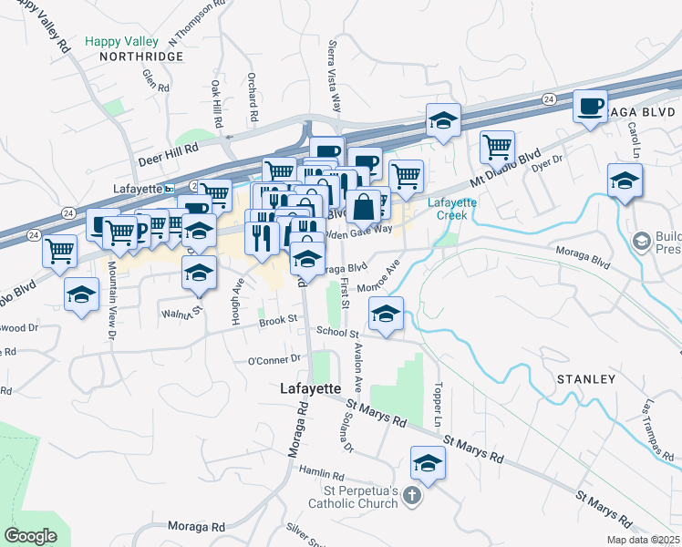 map of restaurants, bars, coffee shops, grocery stores, and more near 3501 Moraga Boulevard in Lafayette