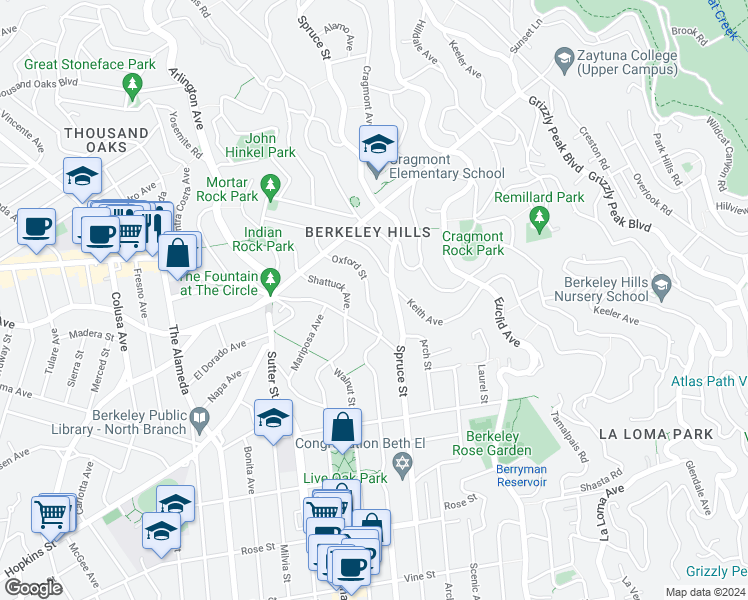 map of restaurants, bars, coffee shops, grocery stores, and more near 1019 Oxford Street in Berkeley