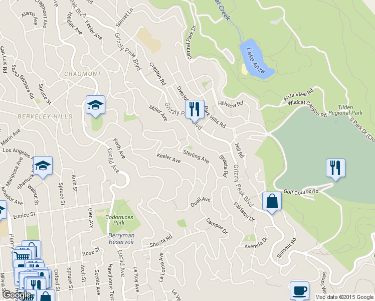 map of restaurants, bars, coffee shops, grocery stores, and more near 22 Whitaker Avenue in Berkeley