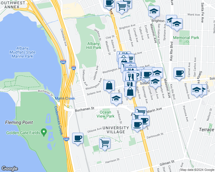 map of restaurants, bars, coffee shops, grocery stores, and more near 845 Cerrito Street in Albany