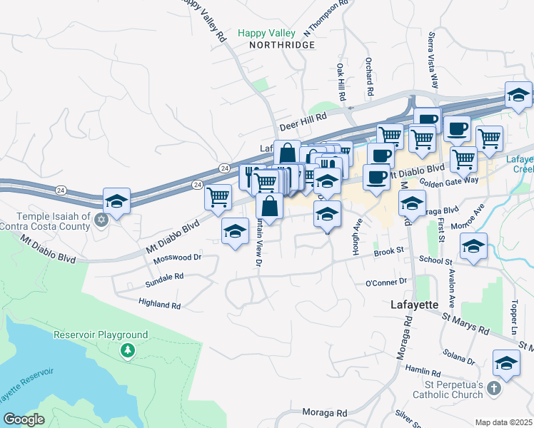 map of restaurants, bars, coffee shops, grocery stores, and more near 962 Mountain View Drive in Lafayette