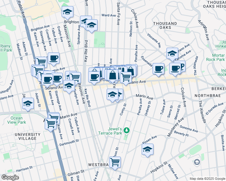 map of restaurants, bars, coffee shops, grocery stores, and more near 910 Santa Fe Avenue in Albany
