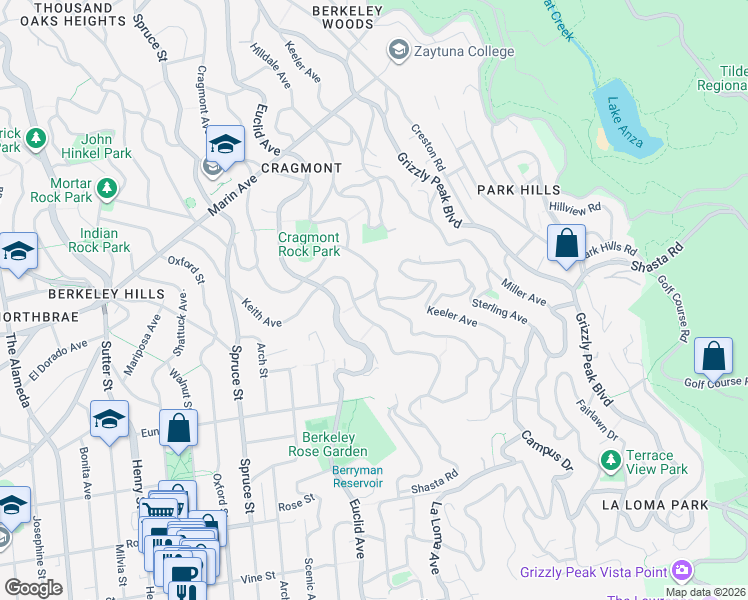 map of restaurants, bars, coffee shops, grocery stores, and more near 1106 Cragmont Avenue in Berkeley