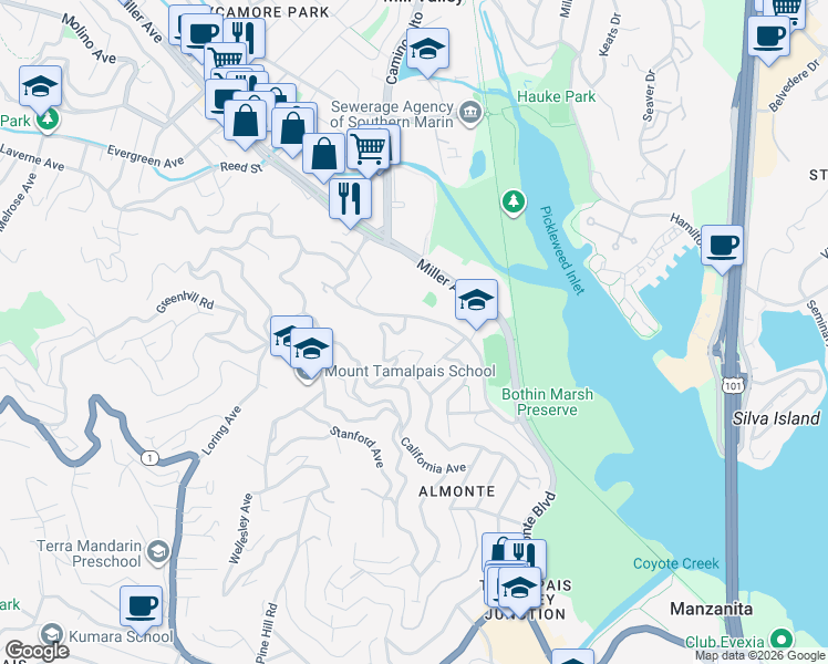 map of restaurants, bars, coffee shops, grocery stores, and more near 104 Almonte Boulevard in Mill Valley