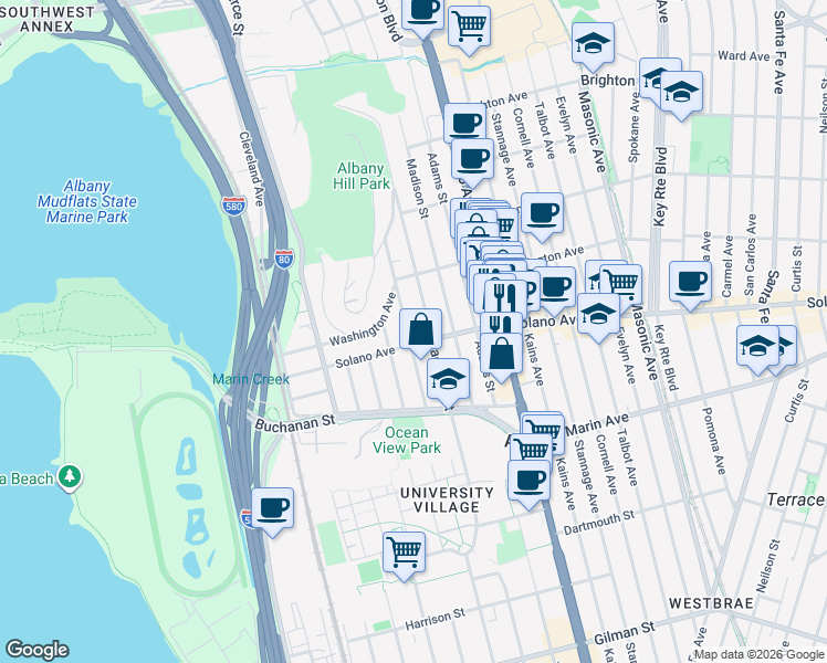 map of restaurants, bars, coffee shops, grocery stores, and more near 845 Cerrito Street in Albany