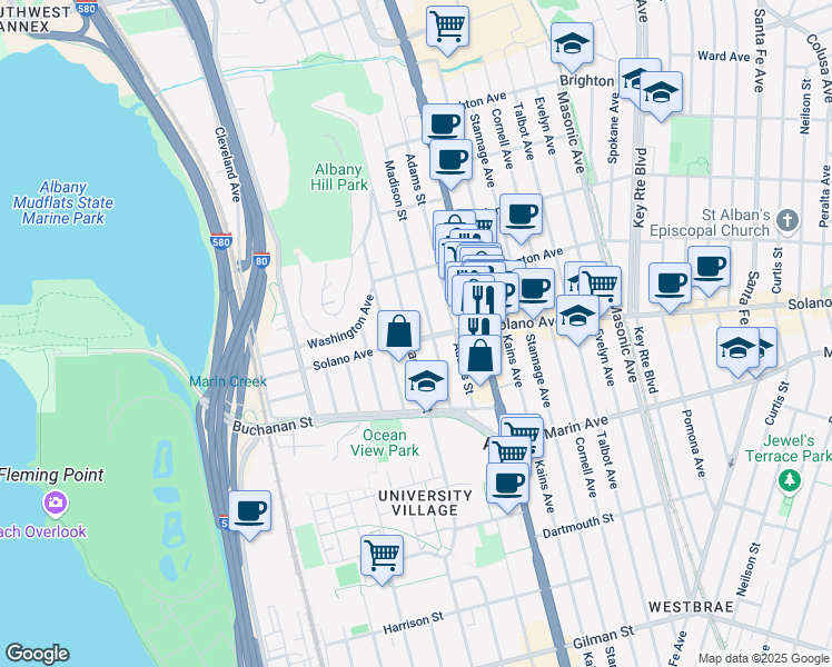 map of restaurants, bars, coffee shops, grocery stores, and more near 935 Solano Avenue in Albany