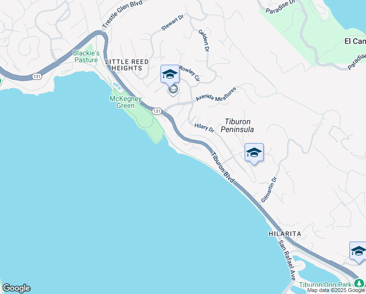 map of restaurants, bars, coffee shops, grocery stores, and more near 660 Tiburon Boulevard in Belvedere Tiburon