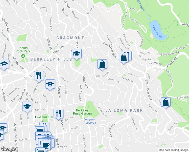 map of restaurants, bars, coffee shops, grocery stores, and more near 1106 Cragmont Avenue in Berkeley
