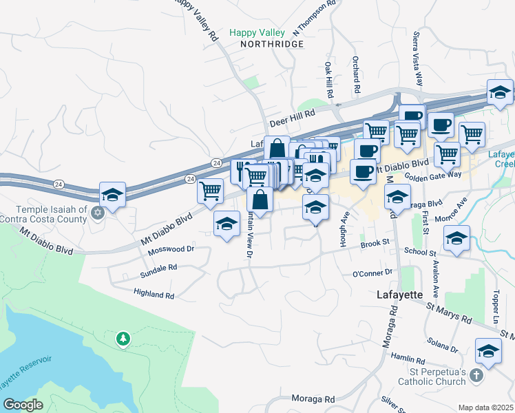map of restaurants, bars, coffee shops, grocery stores, and more near 962 Mountain View Drive in Lafayette
