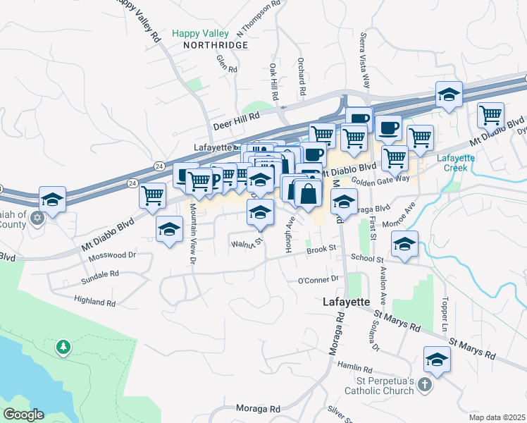 map of restaurants, bars, coffee shops, grocery stores, and more near 241 Lafayette Circle in Lafayette