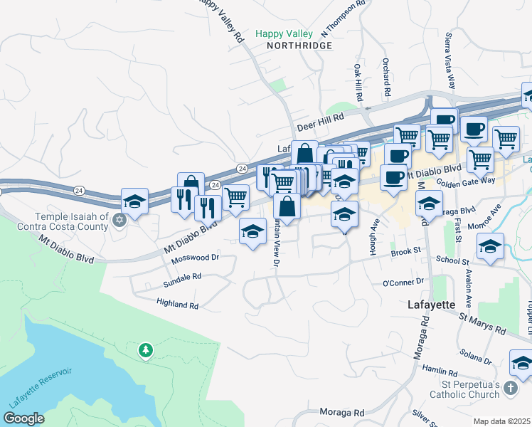 map of restaurants, bars, coffee shops, grocery stores, and more near in Lafayette