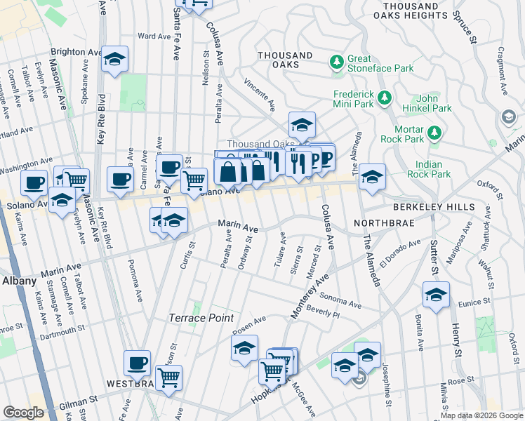 map of restaurants, bars, coffee shops, grocery stores, and more near 913 Ventura Avenue in Albany