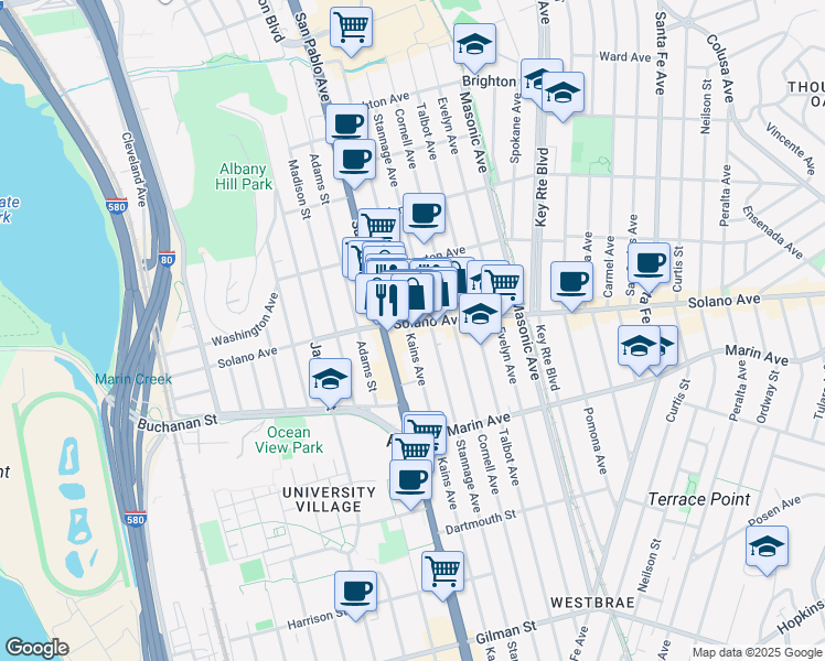 map of restaurants, bars, coffee shops, grocery stores, and more near 914 Kains Avenue in Albany
