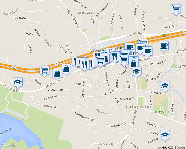 map of restaurants, bars, coffee shops, grocery stores, and more near 3632 Bickerstaff Road in Lafayette