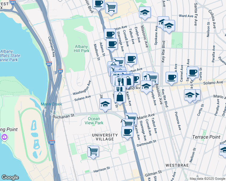 map of restaurants, bars, coffee shops, grocery stores, and more near Solano Avenue & Adams Street in Albany