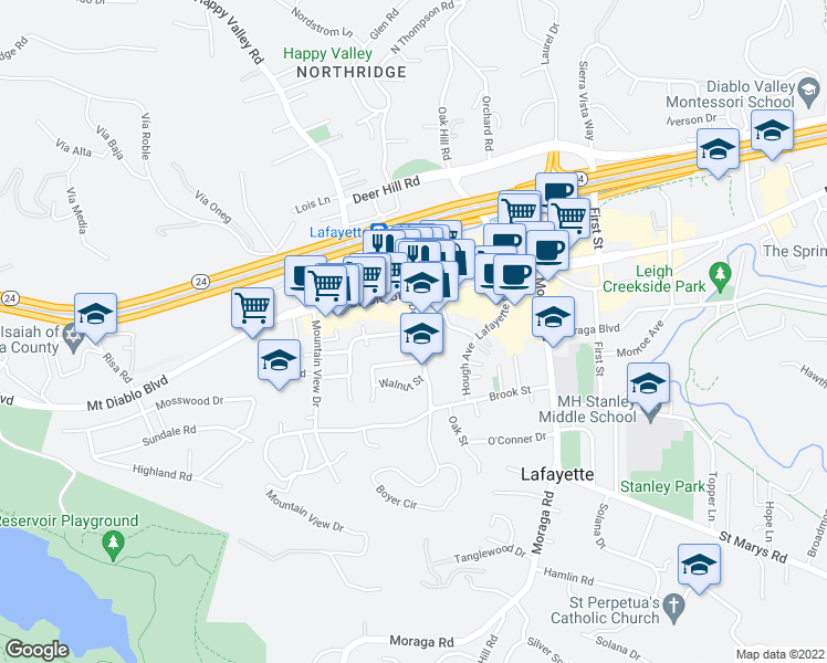 map of restaurants, bars, coffee shops, grocery stores, and more near 3600 Bickerstaff Road in Lafayette