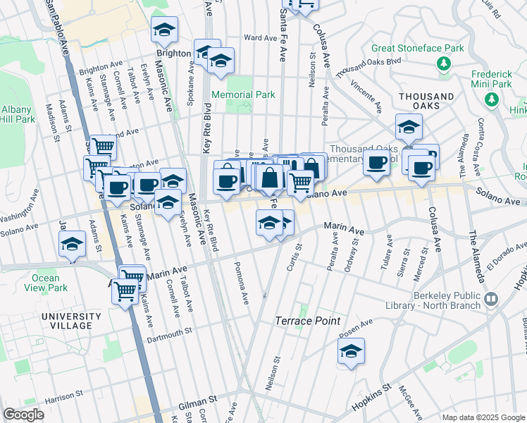 map of restaurants, bars, coffee shops, grocery stores, and more near 909 Carmel Avenue in Albany