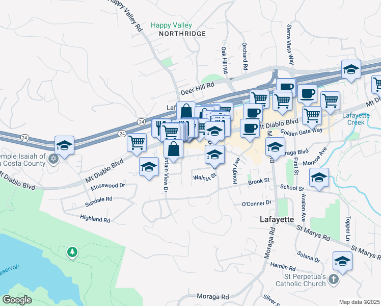 map of restaurants, bars, coffee shops, grocery stores, and more near 3626 Bickerstaff Road in Lafayette