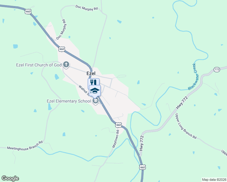 map of restaurants, bars, coffee shops, grocery stores, and more near 216 Liberty Road in Ezel