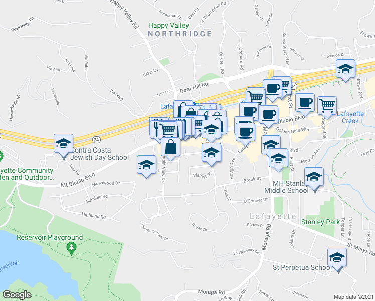 map of restaurants, bars, coffee shops, grocery stores, and more near 3626 Bickerstaff Road in Lafayette