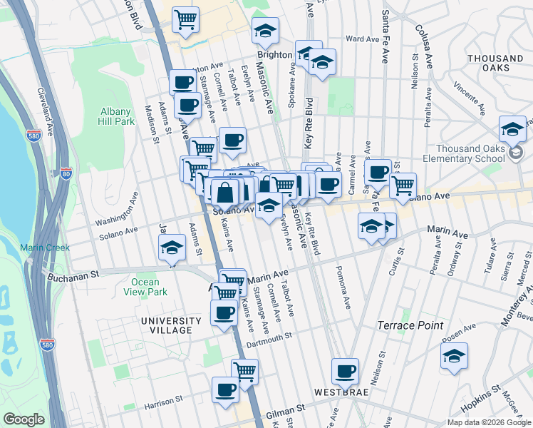 map of restaurants, bars, coffee shops, grocery stores, and more near 818 San Pablo Avenue in Albany