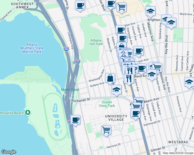 map of restaurants, bars, coffee shops, grocery stores, and more near 844 Washington Avenue in Albany