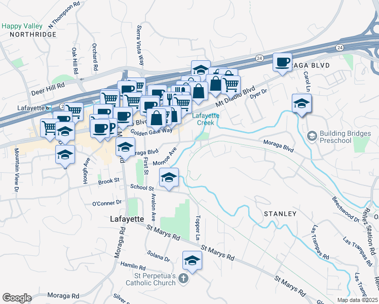 map of restaurants, bars, coffee shops, grocery stores, and more near 3460 Lana Lane in Lafayette