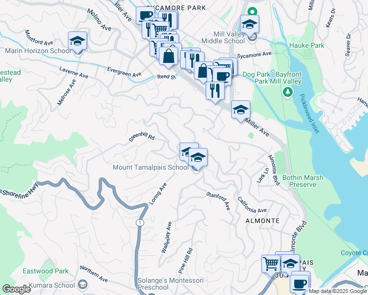 map of restaurants, bars, coffee shops, grocery stores, and more near 57 Loring Avenue in Mill Valley