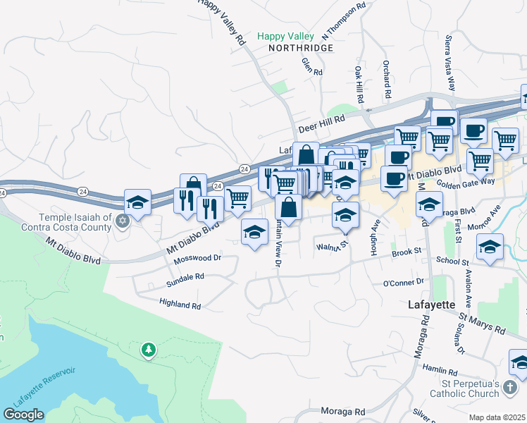 map of restaurants, bars, coffee shops, grocery stores, and more near 3663 Mount Diablo Boulevard in Lafayette