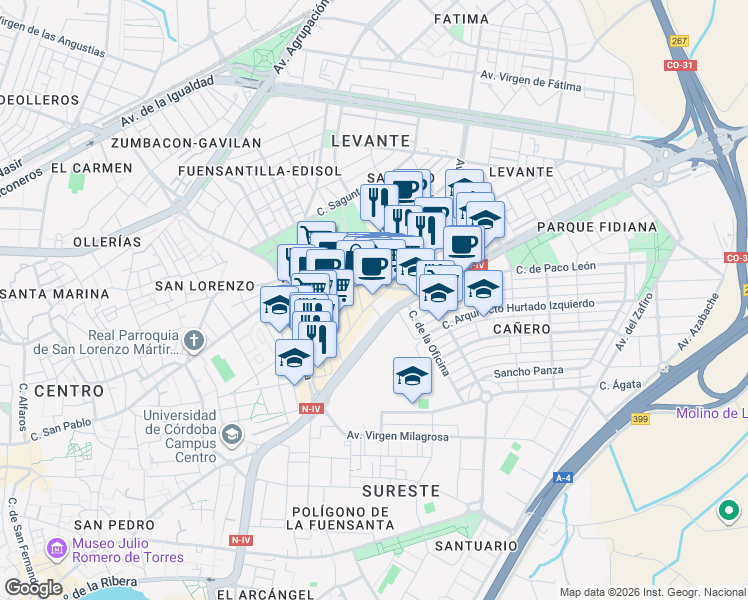 map of restaurants, bars, coffee shops, grocery stores, and more near 15 Calle Compositor Ramón Medina in Córdoba