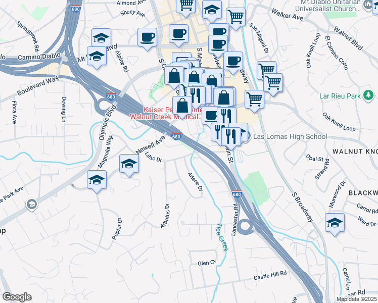 map of restaurants, bars, coffee shops, grocery stores, and more near 1660 Lilac Drive in Walnut Creek
