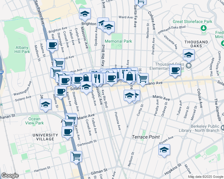 map of restaurants, bars, coffee shops, grocery stores, and more near 910 Pomona Avenue in Albany