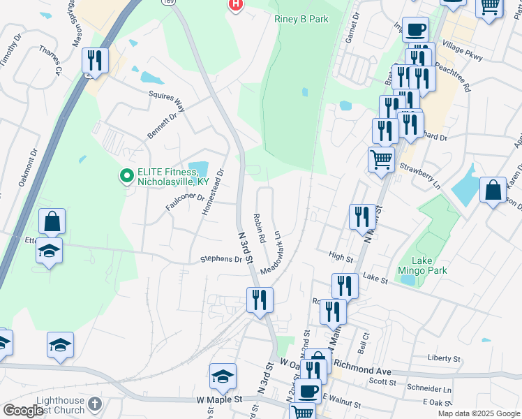 map of restaurants, bars, coffee shops, grocery stores, and more near 116 Robin Road in Nicholasville