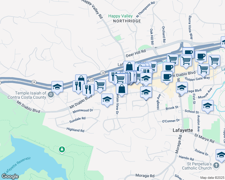 map of restaurants, bars, coffee shops, grocery stores, and more near in Lafayette