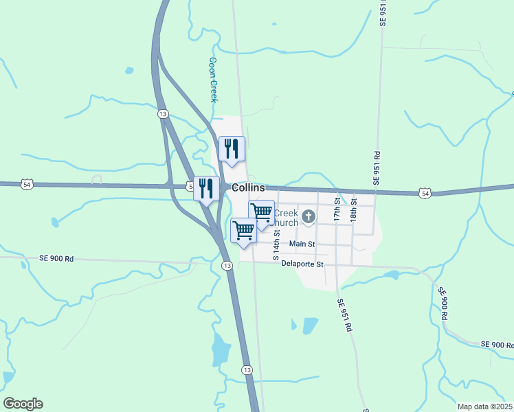 map of restaurants, bars, coffee shops, grocery stores, and more near 1399 Coon Creek Street in Collins